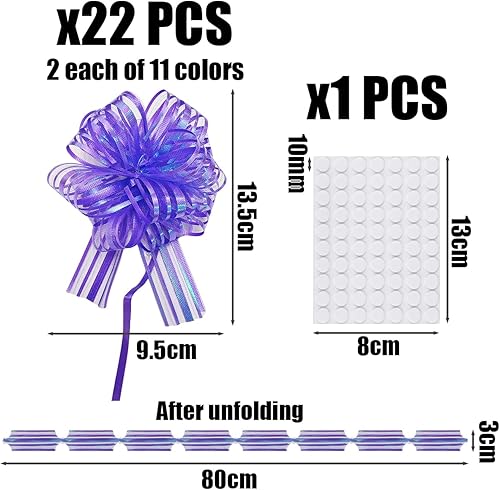 CWPFVQA Lot de 22 fleurs en forme de boule, 70 autocollants adhésifs, rubans en organza, nœuds pour panier cadeau, rubans d'emballage cadeau, convient pour les voitures de mariage et les décorations - Nail Gallerys