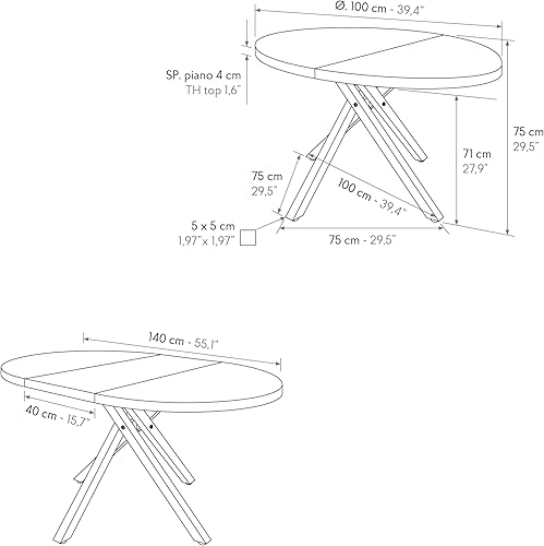 PAZZO DESIGN Table ronde extensible Nada, table de salon, table de cuisine, pieds croisés noirs, fabriquée en Italie, chêne rustique, 100 x 75 cm - id_2220 - Nail Gallerys