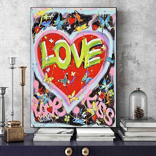 Graffiti Street Art Love Kiss Lettres Affiches Imprime Mur Coloré Papillon Toile Peinture Photo pour Salon Décor 70x90cm(28x35in) Sans Cadre - Nail Gallerys