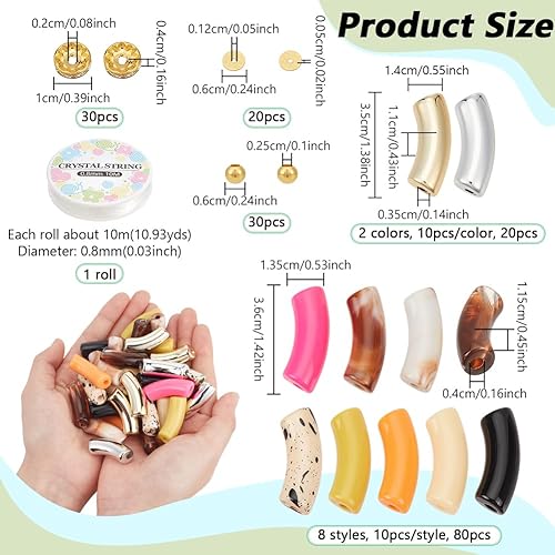 NBEADS 180 Pcs Perles Tubulaires Incurvées en Acrylique, Perles Tube de Bracelet Perles D'Espacement en Métal Perles Rondes 10 m Fil de Cristal pour la Fabrication de Bijoux Bracelets - Nail Gallerys