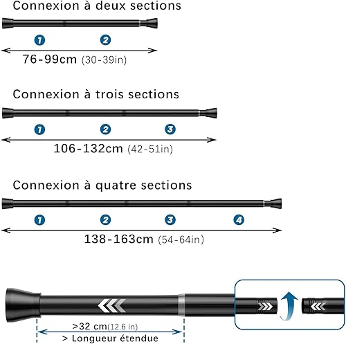 AIZESI Tringle à Rideau de Douche Extensible 75-163 cm - Barre Telescopique Sans Perçage en Acier Inoxydable Noir Antirouille - Pour Salle de Bain, Fenêtre et Porte (Ø22 mm, 1 Pièce) - Nail Gallerys