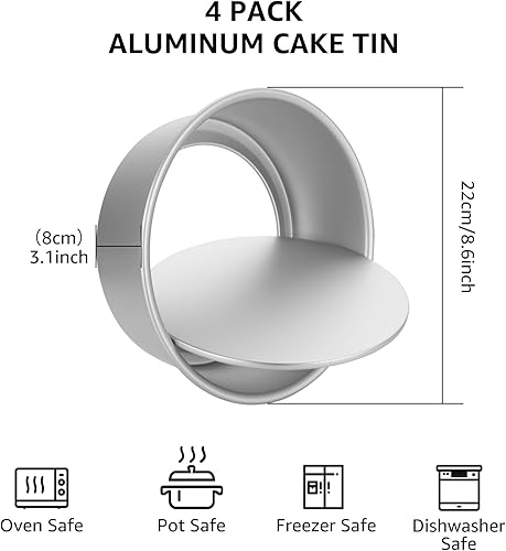 DAJAVE Lot de 4 moules à gâteau ronds de 22 cm de haut, 8 cm de haut - Moule à gâteau rond en aluminium antiadhésif et 20,3 cm - Argenté - Nail Gallerys