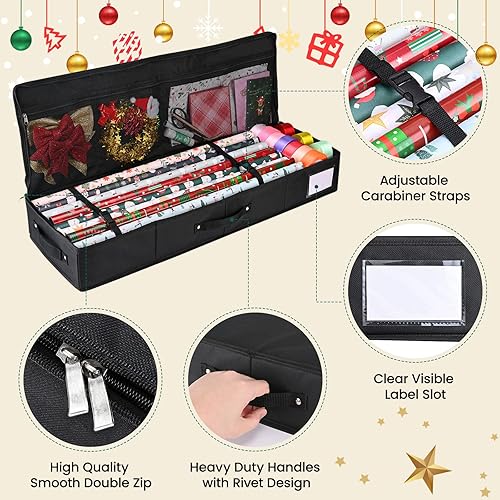 BROSYDA Sac de Rangement pour Papier d'emballage 600D Oxford Indéchirable, 74x13x13cm avec 2 Poches Avant, Fente pour Cartes, Organiseur de Papier Cadeau et Les Décorations de Noël - Nail Gallerys