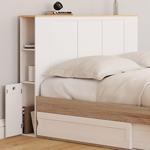 IDMarket - Tête de lit sur Pied VITO 145 cm avec rangements Blanc et Plateau Bois - Nail Gallerys