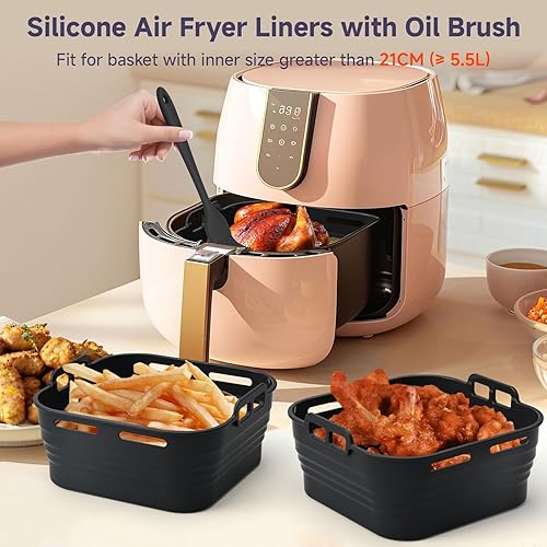 Alyvisun Moule Silicone Air Fryer avec Pinceau à Huile, 2 Pièces Plat pour Airfryer Panier Friteuse Air Chaud Moules Carré Barquette Bac Ustensile Liners pour Friteuse à Air, Micro-ondes, Four (Noir) - Nail Gallerys