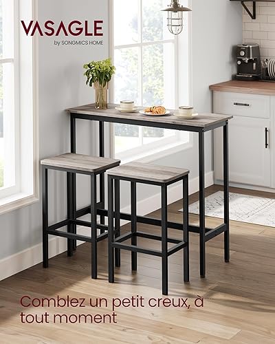 VASAGLE Ensemble de Meubles de Salle à Manger, Table et Tabourets de Bar, Table Petit-Déjeuner avec 2 Tabourets Hauts, Cadre en Acier, Style Industriel, Grège Chiné et Noir d’Encre LBT218B02 - Nail Gallerys