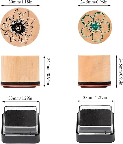 Syrvnto 16pcs Tampon encreur Enfant Rond Tampons en Bois Motifs Fleurs et Papillons Set Créatif Artisanat pour Journaling, DIY Scrapbooking et Carterie Décoration- Encreur Noir Inclus - Nail Gallerys