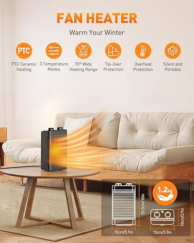 Cnkeeo Radiateur Soufflant, 1500W, 3 Modes, Chauffage Électrique en Céramique, Oscillant à 70°, Protection Contre la Surchauffe et l'Inclinaison, Chauffage d'Appoint pour le Chauffage et les Cadeaux - Nail Gallerys
