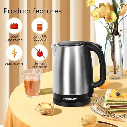 Aigostar Milo - Bouilloire Électrique en Acier Inoxydable 1,7 L, 2200W avec Filtre Anticalcaire, sans fil, Arrêt Automatique, idéal pour le thé, le café, la nourriture pour bébé, Sans BPA, Noire - Nail Gallerys