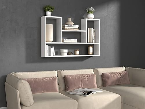 ADGO Bilbao 4P Bibliothèque suspendue pour salon, bureau, 100 x 60 x 16 cm, accessoire décoratif mural quatre étagères en forme de curiosité, bibliothèque suspendue (blanc) - Nail Gallerys