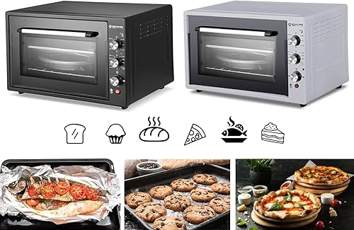 Behome Four électrique 60 litres ventilé | autonettoyant, émaillé, température jusqu'à 320° double verre avec lumière intérieure et minuterie 2 plaques et 1 grille (60 L, argent) - Nail Gallerys