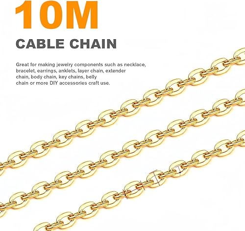 PYRUVAE 1 Volume 10m Collier Chaine, Kit de Chaînes de Collier, Chaîne en Acier Inoxydable avec 20 Fermoirs Homards et 50 Anneaux de Saut pour la Fabrication de Bijoux(or - Nail Gallerys