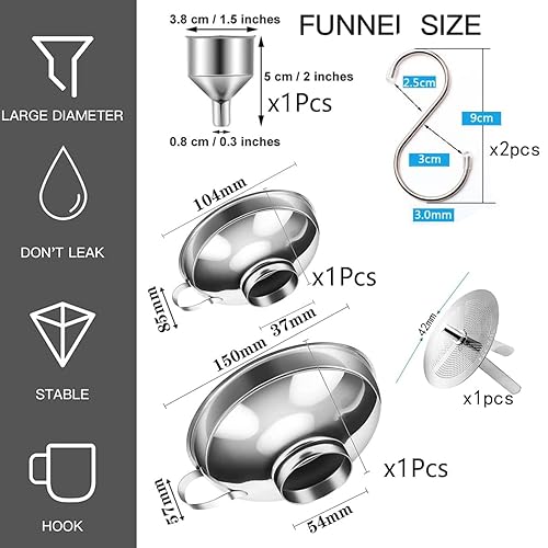 Entonnoir à confiture en acier inoxydable 304 pour confiture de cuisine (3 entonnoirs + 1 passoire + 2 crochets) - Nail Gallerys