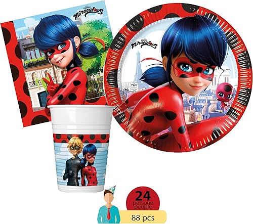 Kit Vaisselle de Fête Miraculous Ladybug pour 24 personnes (88 pcs: 24 assiettes Ø23cm, 24 gobelets 200ml, 40 serviettes 33x33cm) - Nail Gallerys