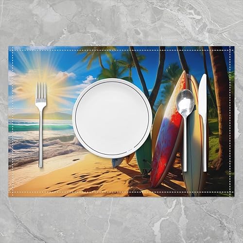 Planche de Surf Vintage Sets de Table Lot de 4 pour Adolescents,Palmier Tropical Tapis de Table,Planche de Surf Colorée Tapis de Table,Thème Marin Surf en Mer Imperméable Sets de Table Antidérapant - Nail Gallerys