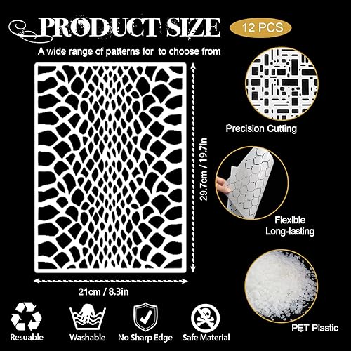 EAPIKON 12 Pochoirs de Peinture de Géométriques Réutilisable, Grand Texture Modèles de Dessin pour Bois Mur Maison Scrapbooking Décor Bricolage, Art Murale Painting Stencils, Format A4 - Nail Gallerys