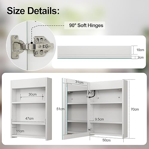 S’bagno Armoires de Salle de Bain avec Miroir et éclairage 70x50 cm, LED Armoire Murale Salle de Bain, Anti-buée 3 Couleurs et étagères Réglables, IP44 Miroir Salle de Bain avec Rangement et Prises - Nail Gallerys