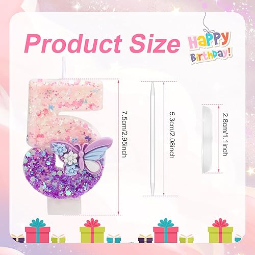 Bougie Numéro d'Anniversaire, Bougie d'Anniversaire à Paillettes Papillon Rose et Violet avec Décoration de Gâteau Paillettes pour Filles Femmes Fournitures de Fête d'Anniversaire (Numéro 6) - Nail Gallerys