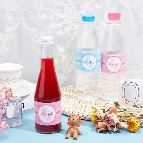 PH PandaHall 48pcs Emballages d'autocollants de bouteilles Étiquettes de bouteilles d'eau Autocollants de bouteille de révélation de genre imperméables pour décoration de fête de naissance, bleu/rose - Nail Gallerys