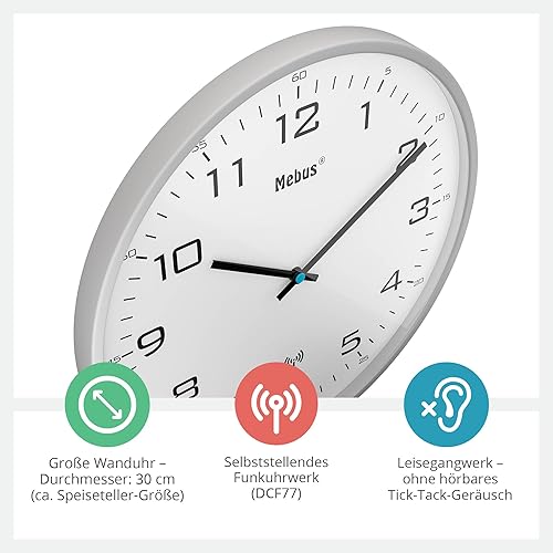 Mebus 13081 Horloge Murale Radio-pilotée silencieuse avec Cadre Gris et Cadran Blanc 30 cm - Nail Gallerys