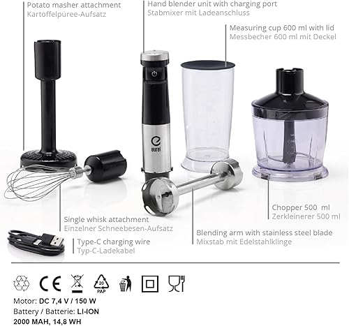 EUREL Basicline MP46 Mixeur plongeant sans fil avec accessoires, batterie Li-ion 2000 mAh, fouet, verre doseur 600 ml avec couvercle, batteur de cuisine portable (TrendLine) - Nail Gallerys