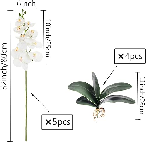 FagusHome 5 Pièces Fleur Artificiel Phalaenopsis Orchidée 80cm avec 4 Pièces Feuille d'Orchidée Artificielle Feuilles artificielles de Phalaenopsis - Nail Gallerys