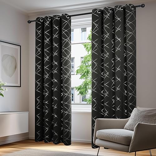 Deconovo Lot de 2 Rideaux Occultants à Oeillets en Tissu Argenté avec 4 Lignes Diagonales et 8 Anneaux Blancs Rideaux Courts Isolation Thermique Anti Froid pour Chambre et Salon 140x245 CM Gris Clair - Nail Gallerys