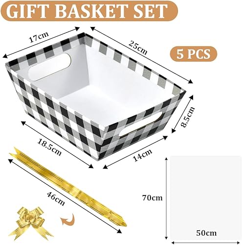 YBCCBY Lot de 5 Panier Cadeau en Carton, 25 * 17 * 9CM Panier Cadeau Vide en Carton avec Poignée Panier Cadeau Vide à Garnir avec Nœuds et Sacs Cadeaux Transparents pour Cadeau Festivals Fêtes - Nail Gallerys