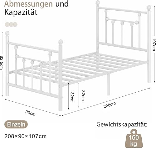VECELO Lit en métal, 90 x 200 cm, avec sommier à Lattes et tête de lit Haute, Moderne, pour Adolescent, Montage Facile, pour Chambre à Coucher, Chambre d'amis, Blanc - Nail Gallerys