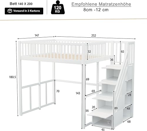 YESGIGA Lit mezzanine avec échelle de rangement de sécurité, bordure de sécurité, cadre de lit en pin massif, convient aux enfants, adolescents et adultes (couleur bois d'origine, 140 x 200 cm) - Nail Gallerys