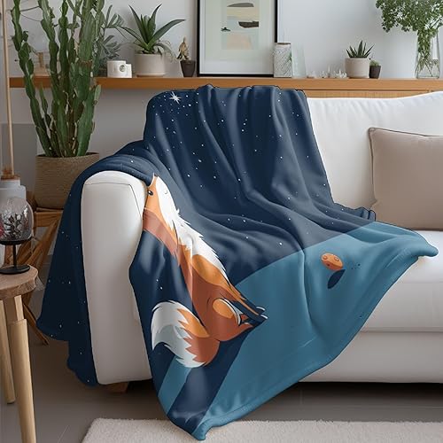 Plaid Canape Polaire 130x150 cm - Dessin Animé Renard Ciel éToilé Plaid Couverture Polaire 1 Personnes Lit Jete, Bleu Automne Hiver Couverture Sherpa en Douce et Chaud, Enfant Couverture Cadeau - Nail Gallerys