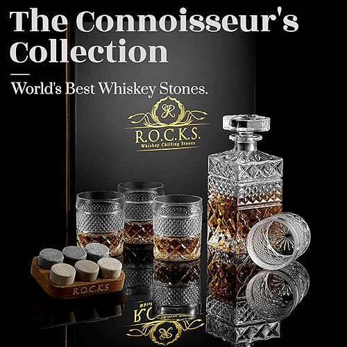 Coffret Cadeau Carafe à Whisky avec 4 Verres de Dégustation et 6 Pierres à Whiskey Artisanales en Granit - Somptueux Decanteur pour Cognac, Bourbon, Rhum - Magnifique Coffret Or à Chaud - Nail Gallerys