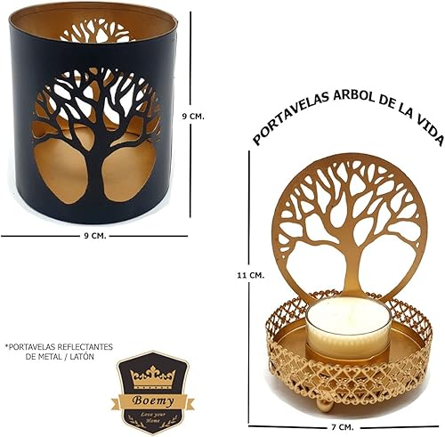 Lot de bougeoirs réfléchissants [arbre de vie] | Porte-bougie en laiton | Dimensions 9 x 9 cm et 11 x 7 cm. - Nail Gallerys