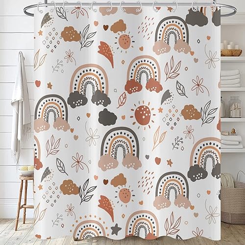 Hnmdmyi Rideau de Douche Boho Arc-en-Ciel 180x200, Mid Century Moderne Abstrait Feuilles Soleil Nuage Géométrique Art Esthétique Blanc Rideau de Baignoire Imperméable Tissu Polyester Rideau de Bain - Nail Gallerys