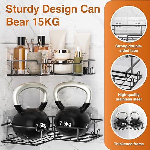 Diboniur Etagere Douche Sans Percage, 2 Pièces Etagere Salle de Bain avec 8 Crochets, Etagere Salle de Bain Sans Percage en Acier Inoxydable, Étagère Douche Angle pour Corps Shampoing (Noir) - Nail Gallerys