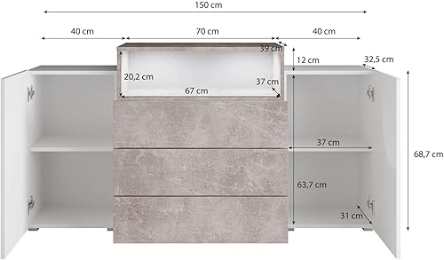Commode Avec Tiroirs KORFU III, Dimensions du Buffet : 69-82 x 150 x 32,5-39 cm, Commode Chambre, Commode Salon, Commode Moderne en Panneau Stratifié avec LED - Chêne Wotan / Chêne Wotan - Nail Gallerys