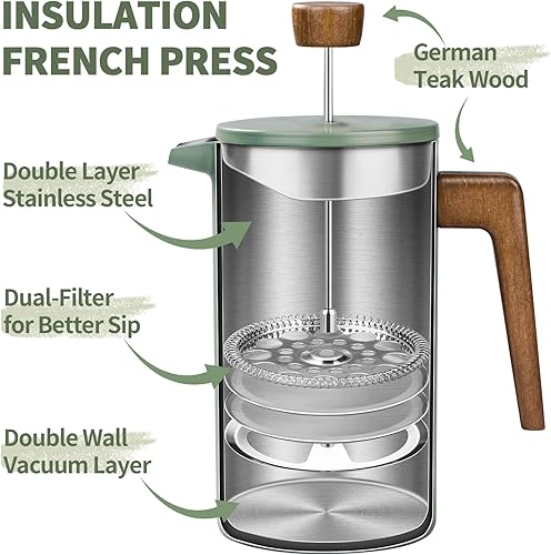 shoxil Cafetière à piston en acier inoxydable avec poignée en bois véritable, double paroi isolée avec double filtre écran, parfaite pour le camping et la cuisine - Nail Gallerys