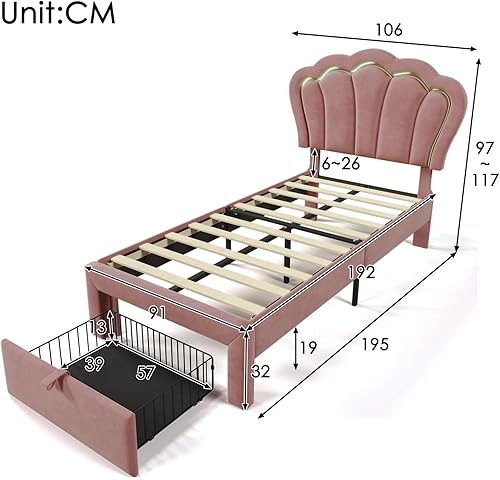 Sweiko Lit Enfant capitonné 90 x 190 cm, lit Simple LED avec tiroirs, Cadre de lit Junior avec sommier à Lattes et tête de lit réglable, Velours Lits de Rangement - Nail Gallerys