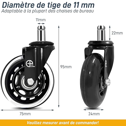 EPLUS LIVING roulettes Chaise de Bureau 5pcs, 11x22 mm Roulette Fauteuil Bureau Roulement Agréable et Silencieux 360° Rotation Protéger Le Sol Résistantes à l'abrasion（Max Charge de capacité 250kg） - Nail Gallerys