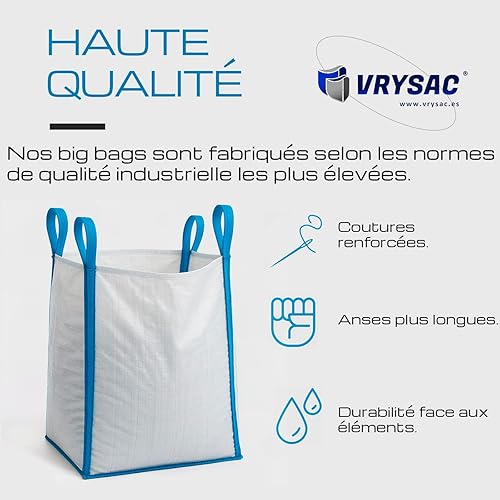 VRYSAC Big Bag Sacs pour gravats, jardin ou bois de chauffage, 1 000 kg pour chantier, dimensions 85 x 85 x 90 cm – Big Bags résistants et réutilisables pour déchets de jardin, bois, chantier, gravier - Nail Gallerys