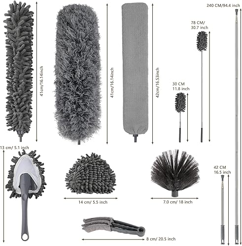 Plumeau Télescopique, Microfibre et en Acier Inoxydable avec Télescopique et Balai d'angle Flexible Pouvant Atteindre 240CM Plumes pour Une Utilisation Partout dans la Maison (9CS) - Nail Gallerys
