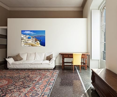 Paul Sinus Art 120 x 80 cm – Tableau mural Santorini Dom Maisons vue de la mer – Toile sur châssis moderne et élégant – Images et décoration - Nail Gallerys