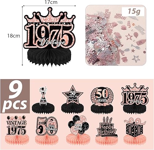 BETESSIN Lot de 9 Décorations 50 Ans Anniversaire Centres de Table Nid d'Abeille Confettis Happy Birthday Accessoires Décorations Cellulaire Hommes Femmes Fournitures de Fête Anniversaire (50) - Nail Gallerys