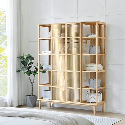 [en.casa] Garde-Robe Solide à 2 Portes Coulissantes Portant avec Étagère Meuble de Rangement 12 Surfaces de Stockage Tringle Bambou 185 x 140 x 45 cm Naturel - Nail Gallerys
