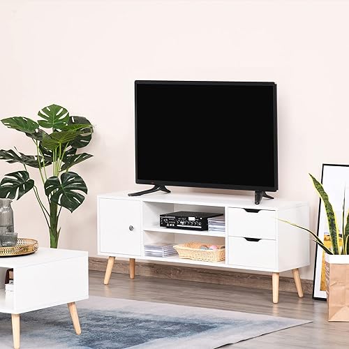 HOMCOM Meuble TV Banc TV Style scandinave Placard 2 niches 2 tiroirs Passe-Fils Panneaux Particules Blanc Bois pin - Nail Gallerys