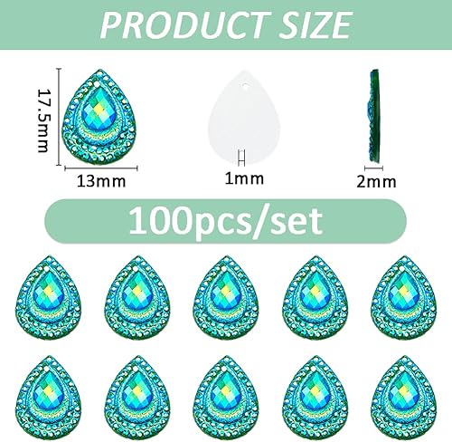 SUPERFINDINGS 100Pcs Pierre précieuse en Forme de Paon Vert 17.5x13mm Queue de Paon Cabochon en résine à Fond Plat Oeil de Paon en Goutte d'eau pour Bijoux et la décoration de Robes de Mariage - Nail Gallerys