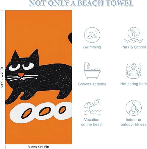 Serviettes de plage surdimensionnées, absorbantes, à séchage rapide, anti-sable, grande serviette de plage, motif chat noir sur fond orange, serviettes de bain ultra douces et légères pour piscine - Nail Gallerys