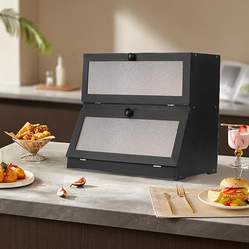 WODFARR Boîte à Pain en Bambou 2- Couche Countertop Boite a pain pour le Stockage du Pain Boîte de Rangement pour Cuisine (Noir) - Nail Gallerys