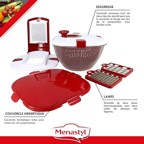 MENASTYL - ESSOREUSE A SALADE 4 EN 1 ALIX - 5040170 - Essoreuse lames interchangeables multifonctions coupe-légumes, saladier et boîte de conservation - Nail Gallerys