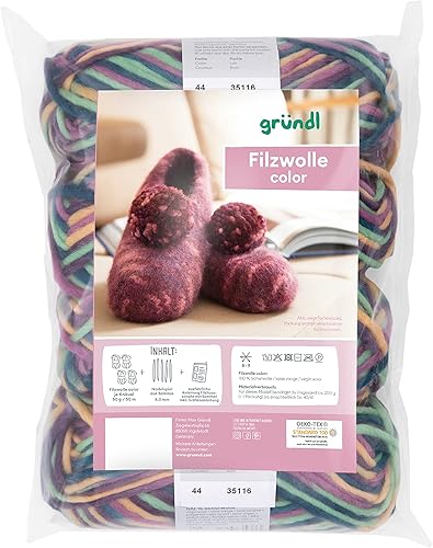 Gründl Kit de tricot de laine à feutrer colorée (certifiée Oeko-Tex, 100% laine vierge, 4 x 50 g + aiguilles 8 à 9+ instructions pour les chaussons), 25 x 16 x 7 cm, rose/vert/multicolore - Nail Gallerys
